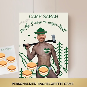 May include: A bachelorette party game with a pin the s'more theme. The game features a cutout of a man with a green ranger hat and a heart with the name "Sarah" on his chest. The game includes a set of s'more cutouts to pin on the man.