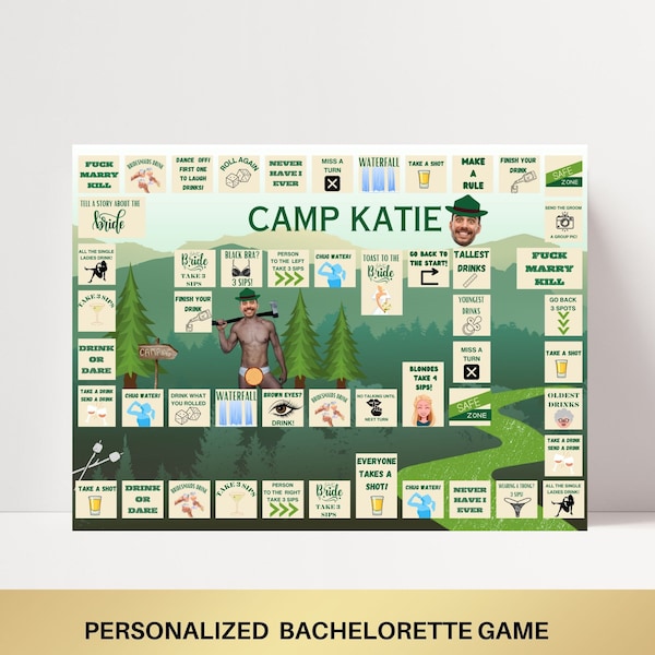 Camp Bachelorette Board Drinking Game Party Game Template Last trail before the veil personalized decor sign Camp Bach Groom Face Decor