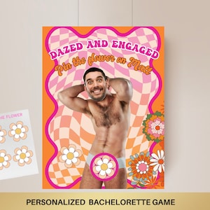 May include: A bachelorette party game with a pink, orange, and white checkered background. The game is called "Dazed and Engaged" and features a photo of a man with the text "Pin the flower on Matt".