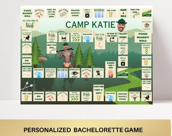 Camp Bachelorette Board Drinking Game Party Game Template Last trail before the veil personalized decor sign Camp Bach Groom Face Decor