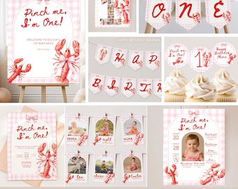 Pinch Me I'm One Girl Birthday Invitation Lobster Broil 1st Birthday Bundle Nautical Low Country Crawfish Boil Summer First Bday Pink Bow