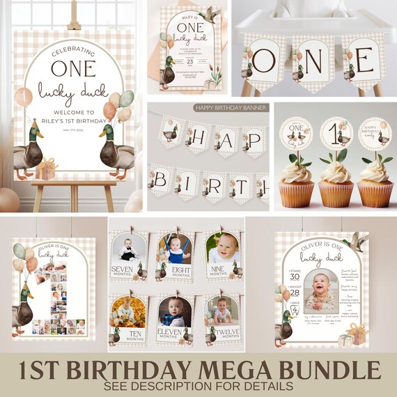 One Lucky Duck Birthday Invite Duck First Birthday Party Decor Mallard Duck 1st Birthday Bundle Duck Theme Party First Hunt Birthday Decor