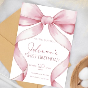 Pink Bow Birthday Invitation 1st Birthday Girls Just Wanna Be ONE First Birthday Invite Pink Bow Invitation Template Coquette Aesthetic