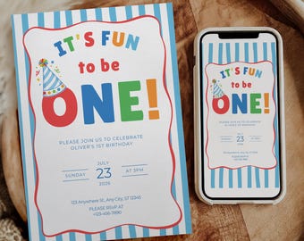 Its Fun to be One Birthday Invitation Fun to be One Invite One is Fun First Birthday Colorful 1st Birthday Template Digital Download