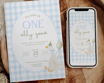 One Silly Goose Birthday Invite Blue Gingham First Birthday 1st Birthday Silly Goose Decor Editable  Invitation Nursery Rhyme Birthday