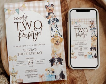 Ready TWO Pawty Birthday Invitation Puppy 2nd Dog Birthday Invitation Dog Theme Editable Invitation Puppy Party Evite Gender neutral