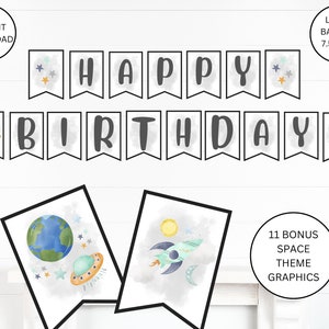 Happy Birthday Banner Outer Space Planets Banner Boy Galaxy First Birthday Decorations Rocket Instant download PRINTABLE DIGITAL