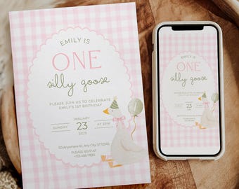 Invitación de cumpleaños de One Silly Goose con cuadros rosas, primer cumpleaños, decoración de One Silly Goose para primer cumpleaños, invitación editable, canción infantil, cumpleaños
