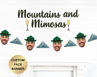Camp Bachelorette Cabin Bachelorette Party Mountains and Mimosa Bach Groom Face Banner Camping Birthday Banner Mountain party Champagne