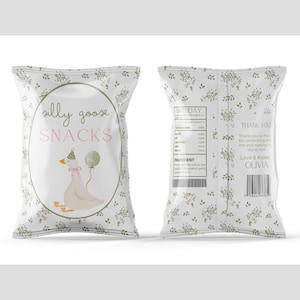 May include: A package of "silly goose SNACKS" with a cartoon goose wearing a party hat and holding a balloon. The packaging is white with a floral pattern and the text "BIRTHDAY" and "THANK YOU".