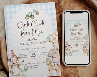 Oink Baa Moo Turning Two Birthday Invitation Editable Farm Animal Party Invite Barnyard second birthday Tractor Template 2nd Birthday Evite