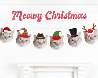 Custom Face Photo Banner Pet face Santa hat Meowy Christmas Banner, Christmas pet portrait, Pet face decoration Christmas cat Big face decor