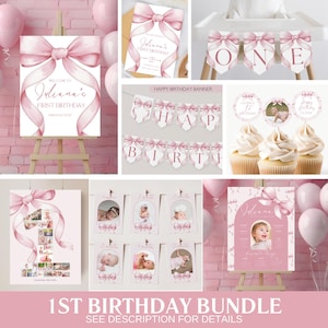 Pink Bow 1st Birthday Bundle Party with pink bow First Birthday decoration coquette birthday invitation Soft Pastel Pink Bow 1st Birthday