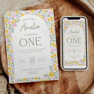 Floral First Birthday Invitation Girls First Birthday Boho Flower Invite Wildflower 1st Birthday Wild One Party Garden Theme Birthday Evite