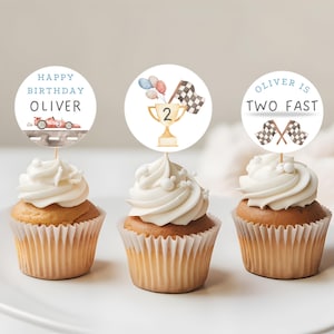 Two Fast Birthday Party Cupcake Toppers Editable Cake topper Racecar themed Party Two Fast Two Curious Birthday Party Racing 2nd Birthday