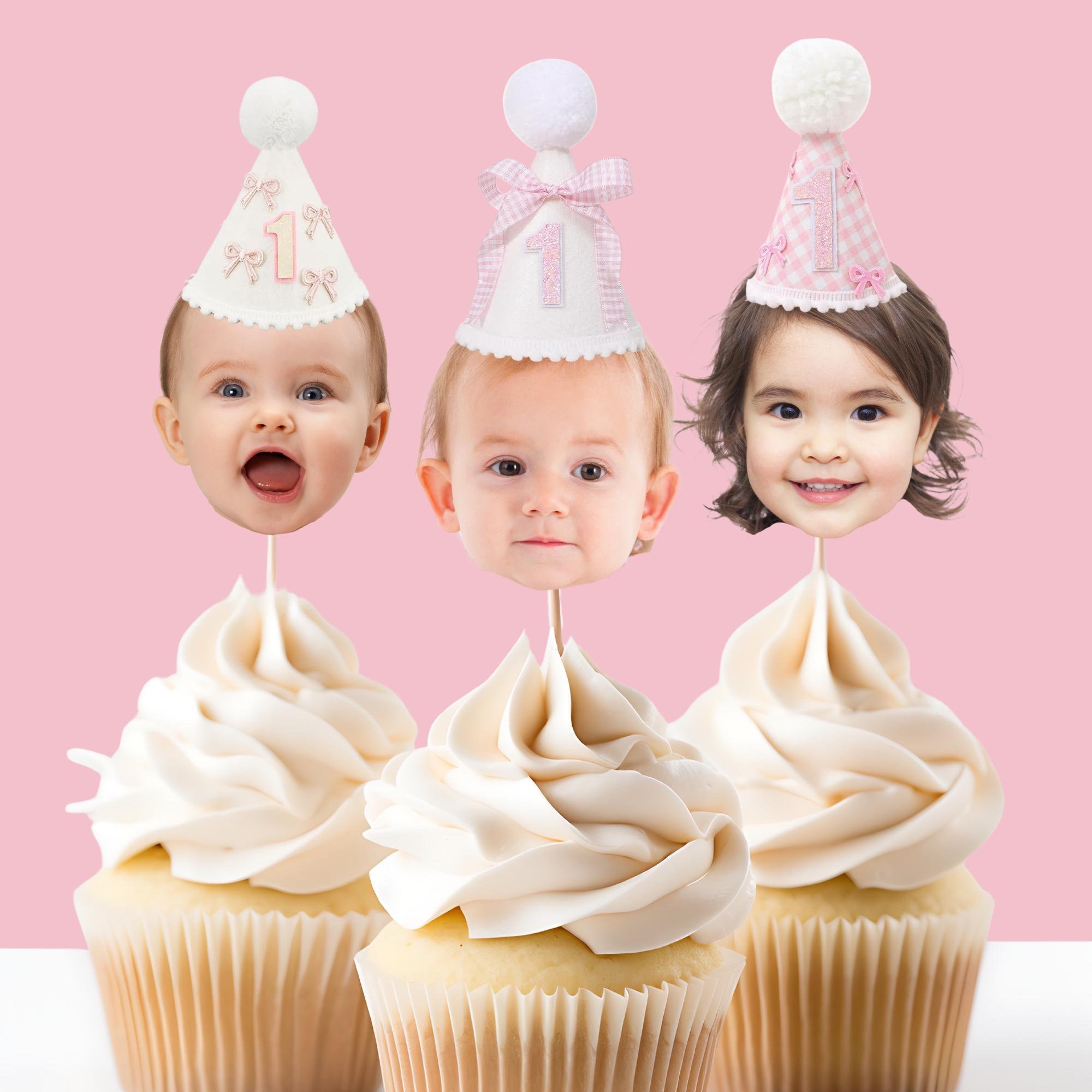 Pink Bow first birthday Cupcake topper Coquette Gingham decor First Birthday photo cupcake topper 1st birthday Girls just wanna be one