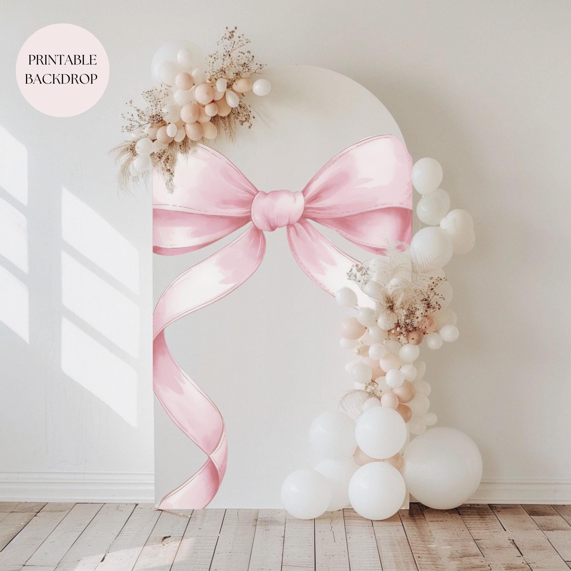 Pink Bow Baby Shower Balloon Arch Backdrop Blush Pink Ribbon Bow Welcome Sign Pink Coquette Baby Shower Photo Background Printable Template