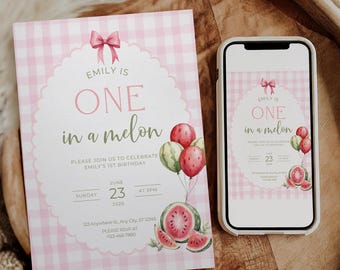 One in a Melon Birthday Invitation Watermelon First Birthday Invite Girl Summer Picnic Party Pink Gingham 1st Birthday Party Invite Pink Bow