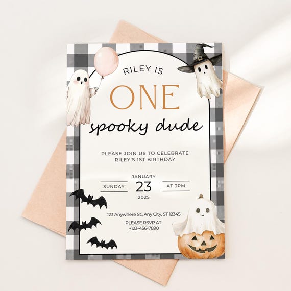 Editable Halloween Party Invite One Spooky Dude Halloween Birthday Invite Boy 1st Birthday Gingham Ghost Spooktacular Invite First Boo day