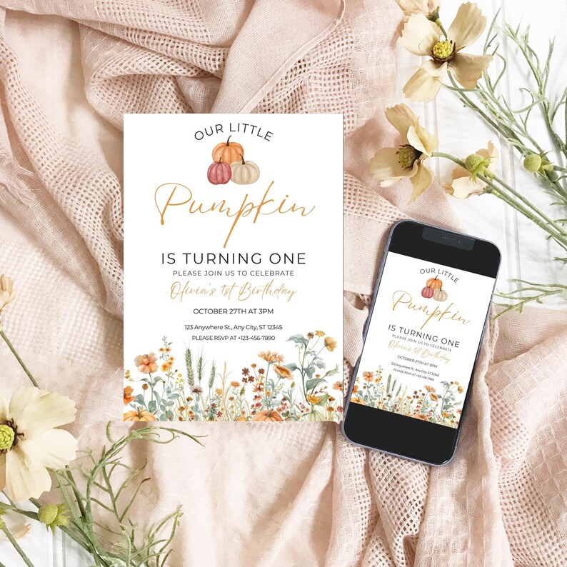 Little Pumpkin Birthday Invitation, Pumpkin 1st Birthday Invitation, A Little Pumpkin Is Turning One Invite, Fall Birthday Invitation Girl