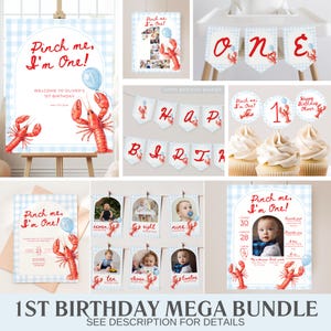 Pellízcame, tengo un año. Invitación de cumpleaños para niño. Parrillada de langosta. Paquete para el primer cumpleaños. Estilo náutico. Hervido de cangrejos de río. Verano. Primer cumpleaños. Cuadros azules.