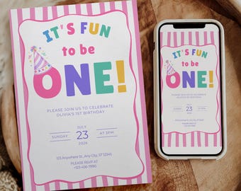 Its Fun to be One Birthday Invitation Fun to be One Invite One is Fun First Birthday Colorful Pastel 1st Birthday Template Digital Download