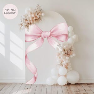 Sfondo per addio al nubilato con fiocco rosa, tema Coquette, sfondo con arco di palloncini, si sta sposando, cartello di benvenuto per addio al nubilato, estetica Coquette