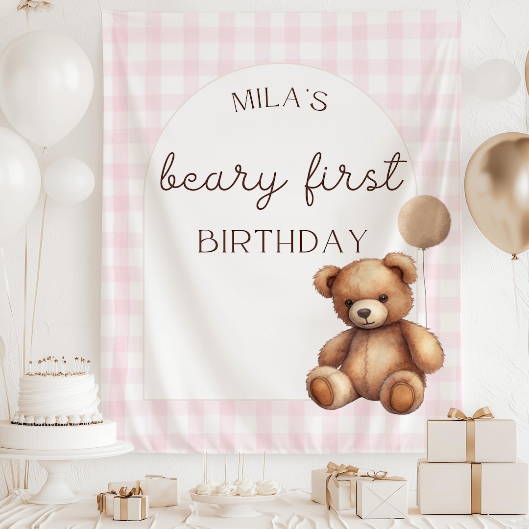 Beary First Birthday Banner Cute Teddy Bear Party Decor Custom Name ...