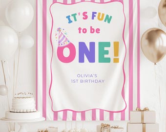 Its Fun to be One Birthday Personalized Banner Fun 1st Birthday Colorful Party Decor Photo Backdrop Girls Custom Sign Pastel First Birthday