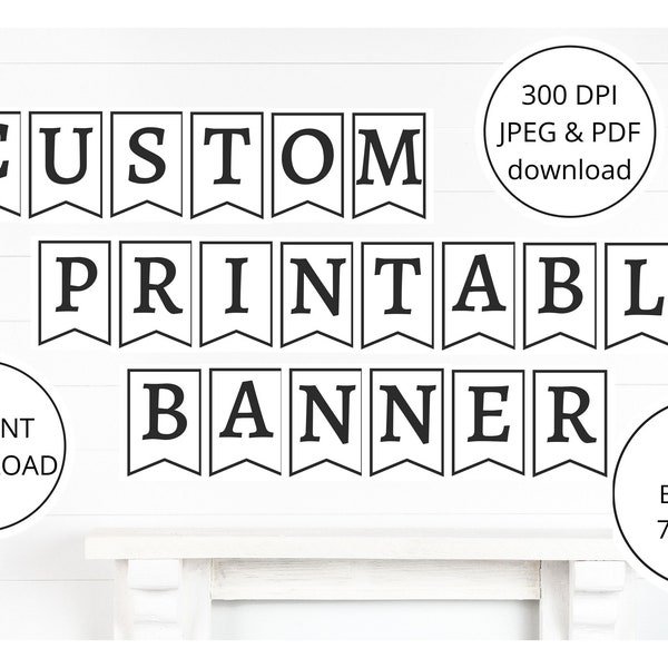 DIY Banner, Printable PDF, alphabet letter banner, printable swallowtail banner, bunting banner, black and white banner, A-Z banner