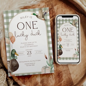 One Lucky Duck Birthday Invitation Boys First Birthday Invite Mallard Duck Watercolor Duck Gingham 1st Birthday Party Invite