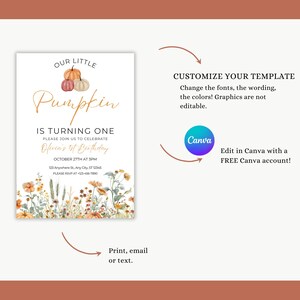 Puede incluir: Una invitaci&oacute;n imprimible para una fiesta de primer cumplea&ntilde;os con tem&aacute;tica de calabaza. La invitaci&oacute;n presenta una ilustraci&oacute;n de acuarela de calabazas y flores de oto&ntilde;o. El texto de la invitaci&oacute;n dice: "Nuestra peque&ntilde;a calabaza est&aacute; cumpliendo un a&ntilde;o. &Uacute;nase a nosotros para celebrar el primer cumplea&ntilde;os de Olivia. 27 de octubre a las 3 pm. 123 Anywhere St. Any City, ST 12345. Por favor, confirme su asistencia al 123-456-7890."