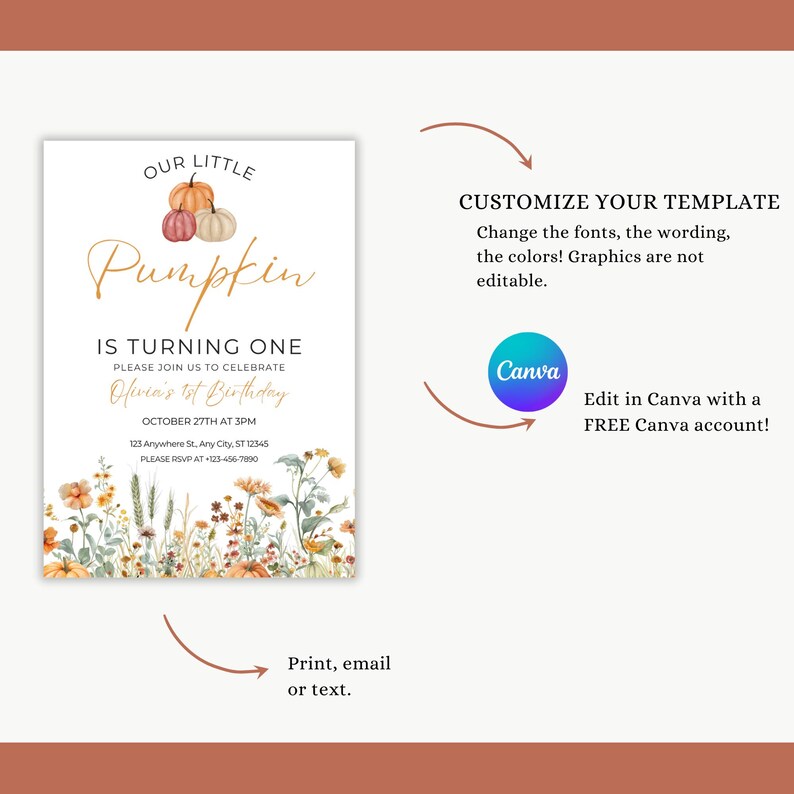 Puede incluir: Una invitaci&oacute;n imprimible para una fiesta de primer cumplea&ntilde;os con tem&aacute;tica de calabaza. La invitaci&oacute;n presenta una ilustraci&oacute;n de acuarela de calabazas y flores de oto&ntilde;o. El texto de la invitaci&oacute;n dice: "Nuestra peque&ntilde;a calabaza est&aacute; cumpliendo un a&ntilde;o. &Uacute;nase a nosotros para celebrar el primer cumplea&ntilde;os de Olivia. 27 de octubre a las 3 pm. 123 Anywhere St. Any City, ST 12345. Por favor, confirme su asistencia al 123-456-7890."