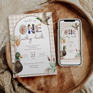 One Lucky Duck Birthday Invitation Boys First Birthday Invite Mallard Duck Watercolor Duck Gingham 1st Birthday Party Invite