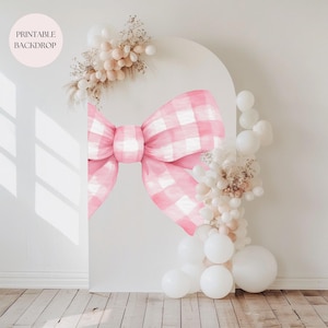 Sfondo per addio al nubilato con fiocco rosa, tema Coquette, sfondo con arco di palloncini, si sta sposando, cartello di benvenuto per addio al nubilato, estetica Coquette