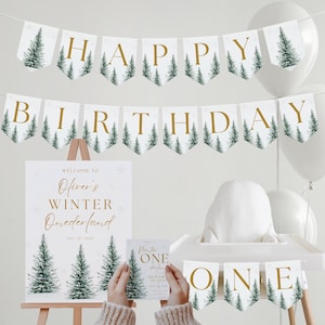 Winter ONEderland Birthday Bundle Winter Wonderland 1st Birthday Happy Birthday Banner Winter First Birthday Invitation High Chair Sign