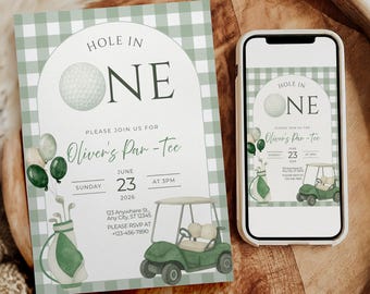 Hole in One Birthday Invitation Golf First Birthday Invite Let's Par Tee 1st Birthday editable template Golfing Theme Boy Party Evite