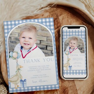Carte de remerciement d'anniversaire One Silly Goose 1er anniversaire de l'oie sur le thème du premier anniversaire, étiquettes de faveur, modèle modifiable Fête One Lucky Duck