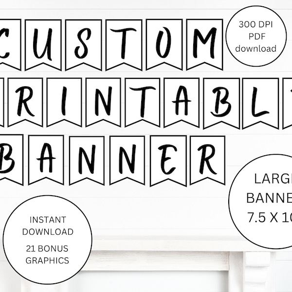 Printable PDF BANNER, Printable alphabet letter banner, printable swallowtail banner, bunting banner, black and white banner, A-Z banner