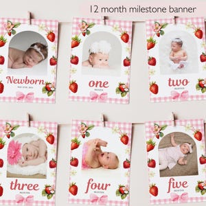 Banner de foto de cumpleaños de fresa, tema de primera fiesta de bayas, plantilla editable, collage de fotos de hitos mensuales, decoración, primer cumpleaños