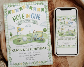 Hole in One Birthday Invitation Golf First Birthday Invite Let's Par Tee 1st Birthday editable template Golfing Theme Boy Party Evite