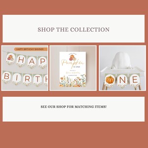 Puede incluir: Un conjunto de decoraciones de fiesta imprimibles con tem&aacute;tica oto&ntilde;al para un primer cumplea&ntilde;os. El conjunto incluye una pancarta que dice "Feliz cumplea&ntilde;os", un cartel que dice "Nuestra peque&ntilde;a calabaza tiene un a&ntilde;o" y una pancarta para la silla alta que dice "Uno".