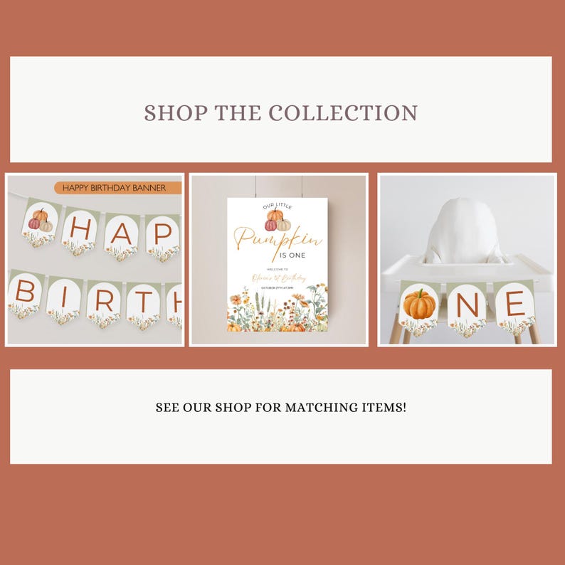 Puede incluir: Un conjunto de decoraciones de fiesta imprimibles con tem&aacute;tica oto&ntilde;al para un primer cumplea&ntilde;os. El conjunto incluye una pancarta que dice "Feliz cumplea&ntilde;os", un cartel que dice "Nuestra peque&ntilde;a calabaza tiene un a&ntilde;o" y una pancarta para la silla alta que dice "Uno".
