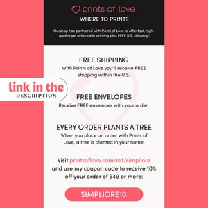 Puede incluir: Gr&aacute;fico rosa y blanco con el texto "prints of love" y "&iquest;D&oacute;nde imprimir?" El gr&aacute;fico tambi&eacute;n incluye el texto "Env&iacute;o gratuito", "Sobres gratuitos", "Cada pedido planta un &aacute;rbol" y "Visita printsoflove.com/ref/simpliore y usa mi c&oacute;digo de cup&oacute;n para recibir un 10% de descuento en tu pedido de 49 &euro; o m&aacute;s: SIMPLIORE10".