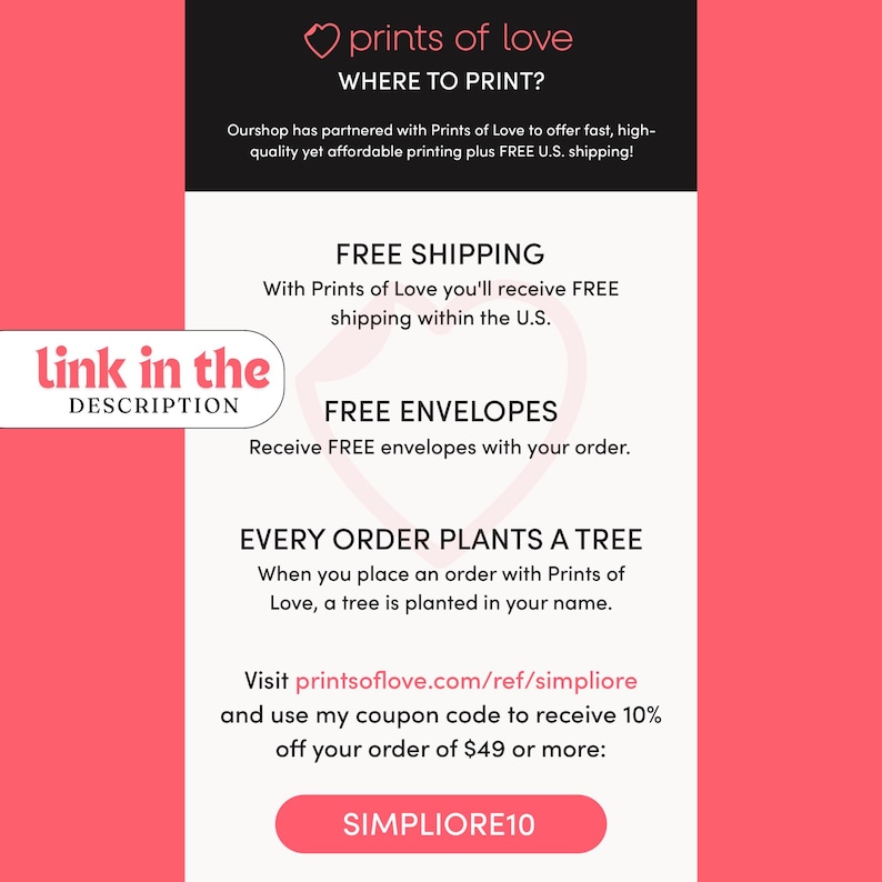 Puede incluir: Gr&aacute;fico rosa y blanco con el texto "prints of love" y "&iquest;D&oacute;nde imprimir?" El gr&aacute;fico tambi&eacute;n incluye el texto "Env&iacute;o gratuito", "Sobres gratuitos", "Cada pedido planta un &aacute;rbol" y "Visita printsoflove.com/ref/simpliore y usa mi c&oacute;digo de cup&oacute;n para recibir un 10% de descuento en tu pedido de 49 &euro; o m&aacute;s: SIMPLIORE10".