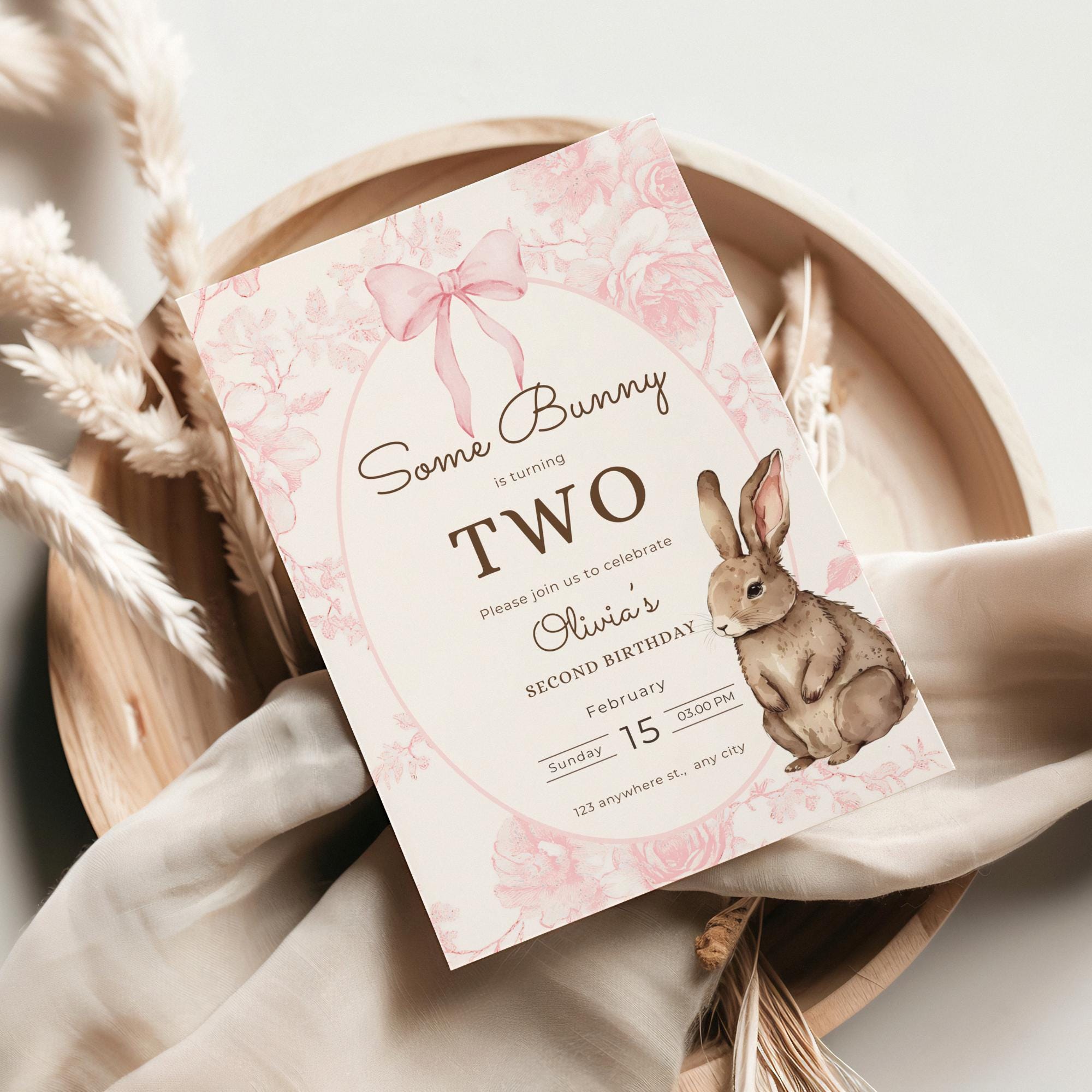 Some Bunny is Two Birthday Invitation Pink Bow Birthday Invite Vintage Floral Invitation Coquette Bunny 2nd birthday Rabbit Birthday