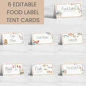 Etiquetas para buffet de um aniversário da OFishAlly, cartões de lugar para pescaria e para o primeiro aniversário, etiquetas para comida do primeiro aniversário, o grande aniversário, se divertindo.