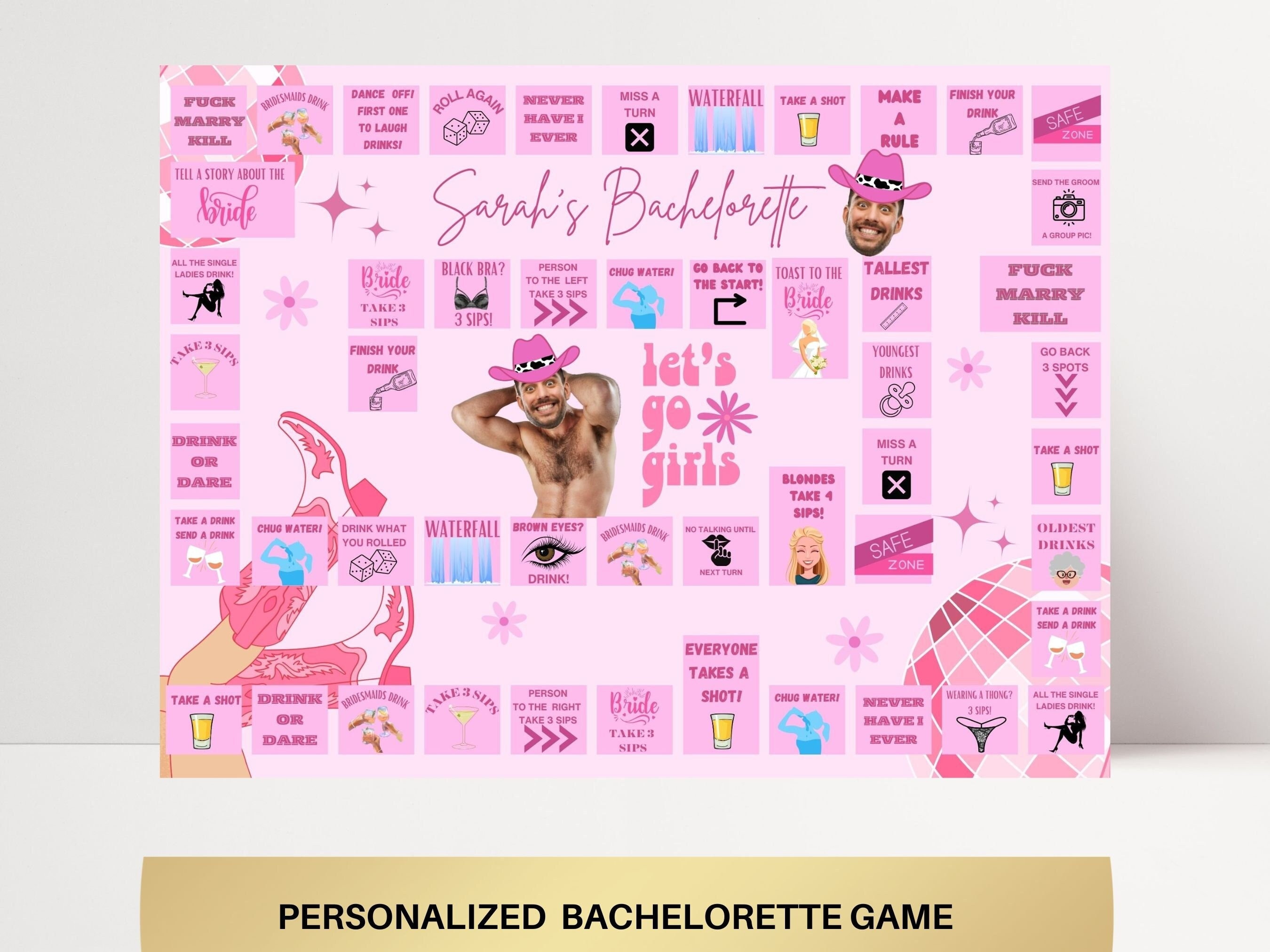 Disco Cowgirl Bachelorette Board Drinking Game Party Game Template Last rodeo personalized decor sign Same cowboy forever Groom Face Decor