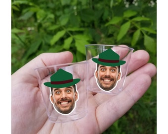 Groom Face Plastic Shot Glasses, Cabin Bachelorette Party Groom Face Decorations, Groom Face Party Favors Camping Bach Mountain party
