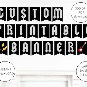 DIY Banner, PDF zum ausdrucken, Rock n Roll Banner, Born to Rock, one rocks, Wimpelkette, schwarz weiß Banner, A-Z Banner